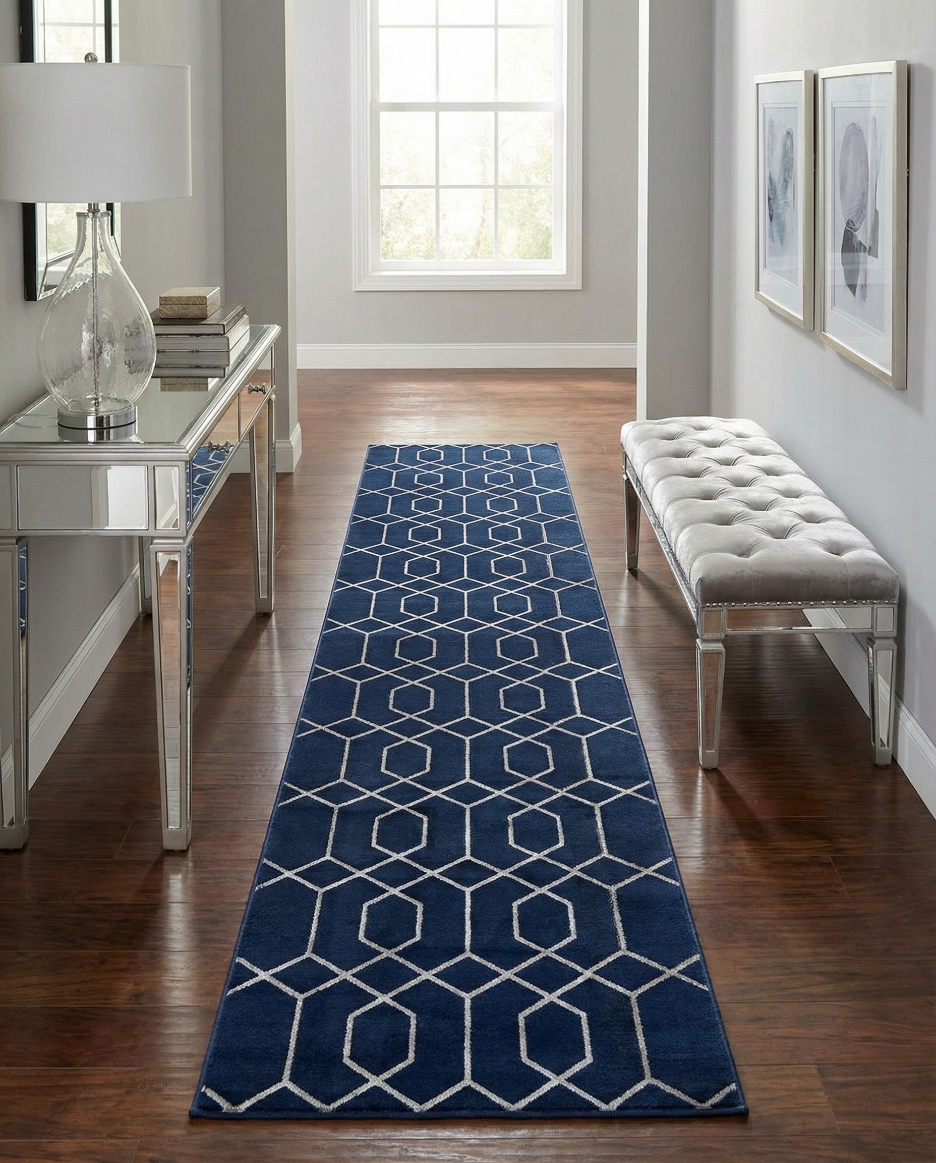 Navy Blue Silver Marilyn Monroe™ Glam Trellis Runner Rug