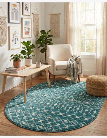 Turquoise Moroccan Trellis Oval Rug