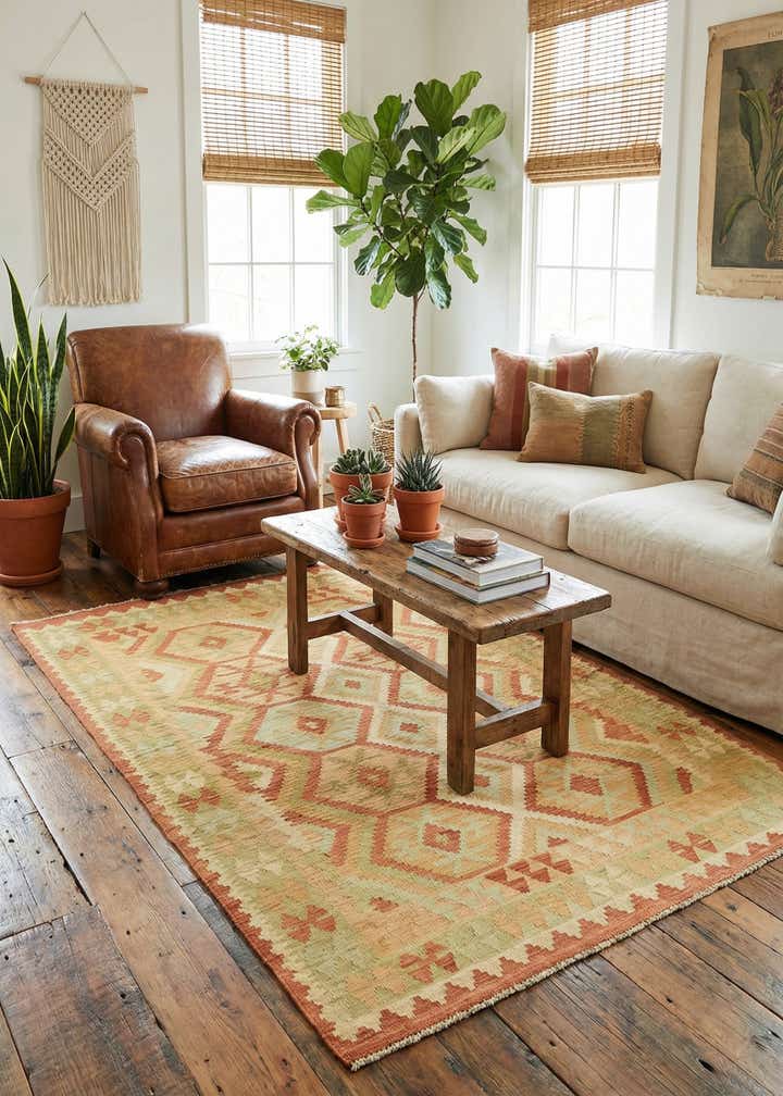 4' 9 x 6' 5 Hand Woven Kilim Waziri Wool Rug