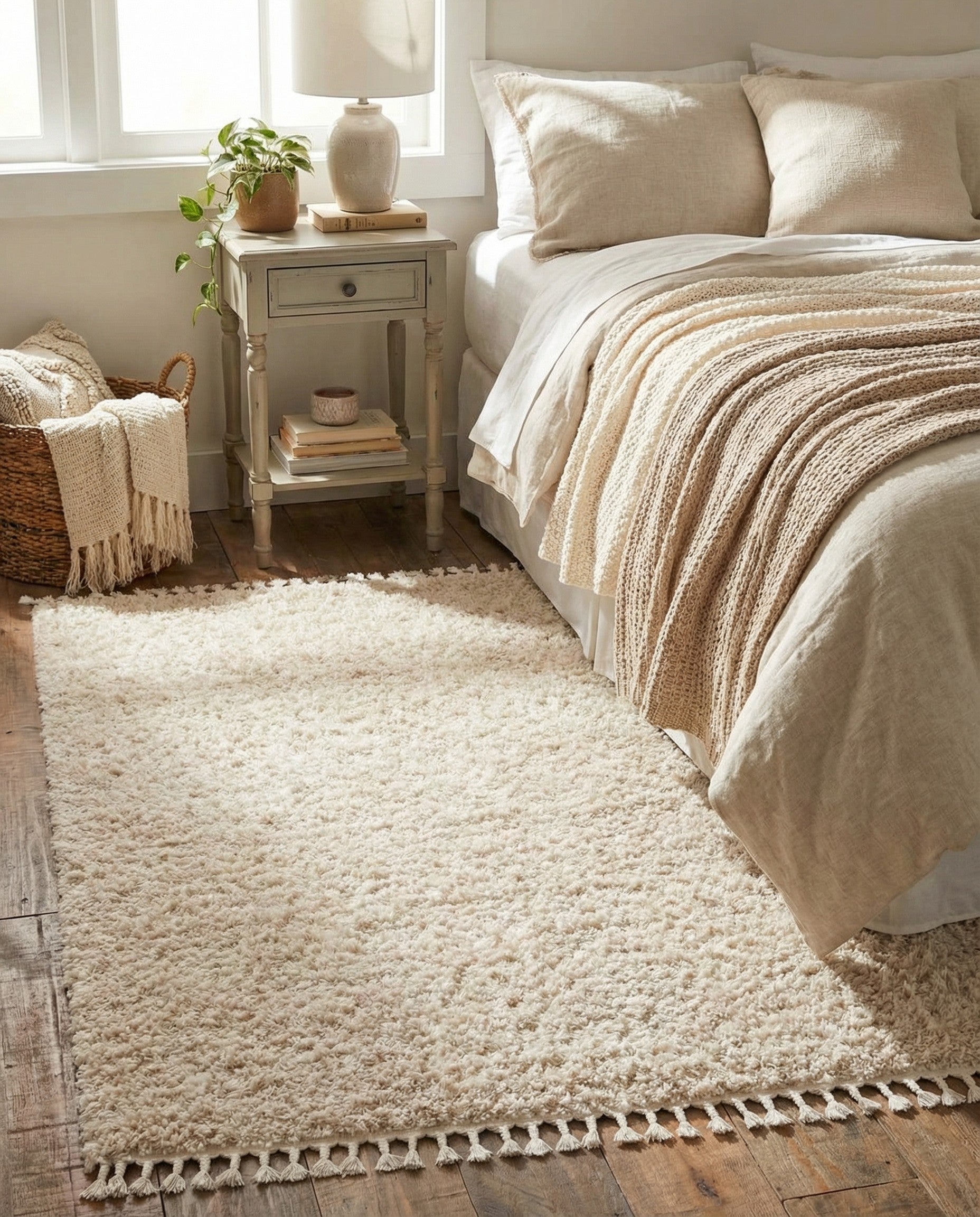 A rectangular 2x3 ivory shag rug with braided tassels on the ends, featuring a plush, textured surface.