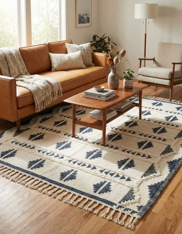 Navy Blue and White Hand Woven Arizona Wool Rug
