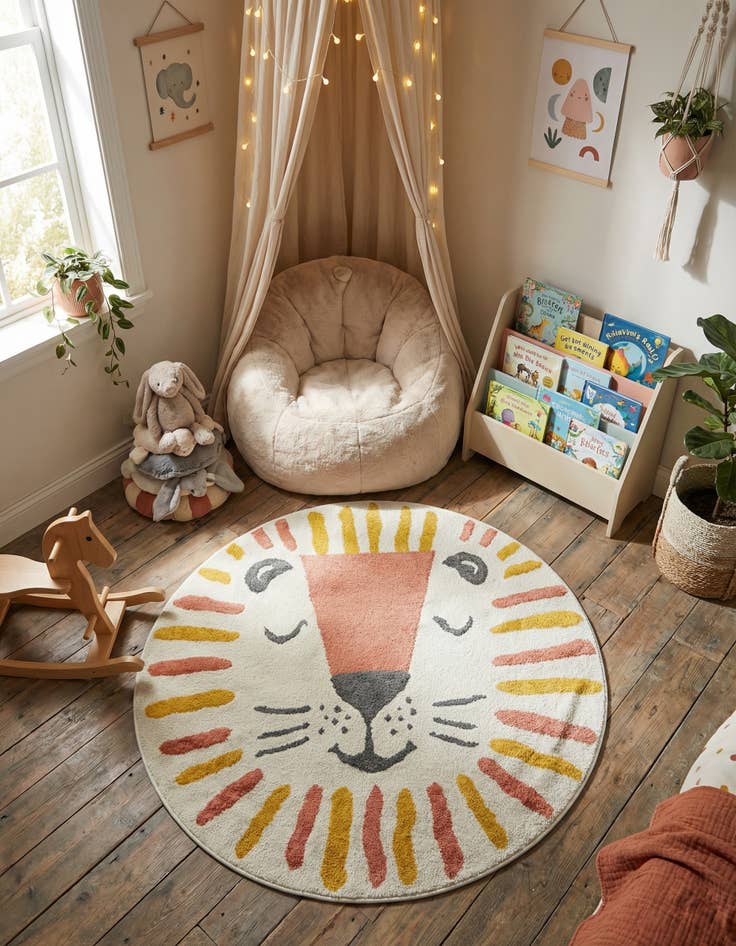 Detail image of 5' 1 x 5' 1 Lion Whimsy Kids Round Rug