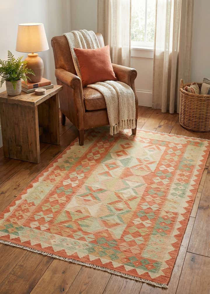 3' 2 x 4' 10 Hand Woven Kilim Waziri Wool Rug
