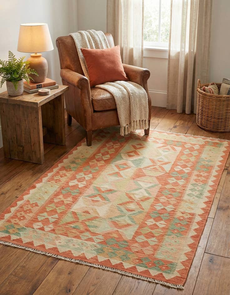 Detail image of 3' 2 x 4' 10 Hand Woven Kilim Waziri Wool Rug