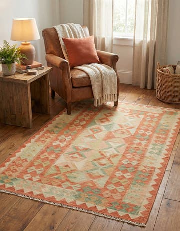 3' 2 x 4' 10 Hand Woven Kilim Waziri Wool Rug