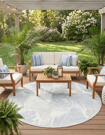 Gray Easy-Clean Botanical Indoor / Outdoor Round Rug