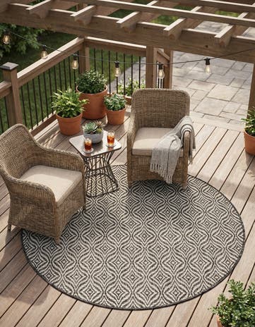 Charcoal Easy-Clean Trellis Indoor / Outdoor Round Rug