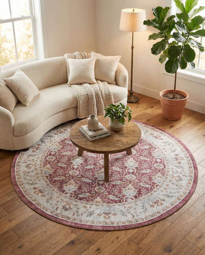 Burgundy 240cm x 240cm Washable Timeless Rund Teppich