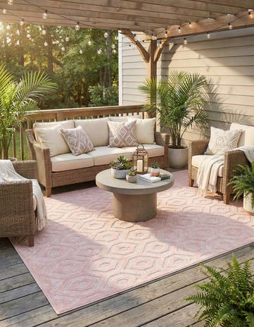 Pink Easy-Clean Trellis Textured Indoor / Outdoor Rug