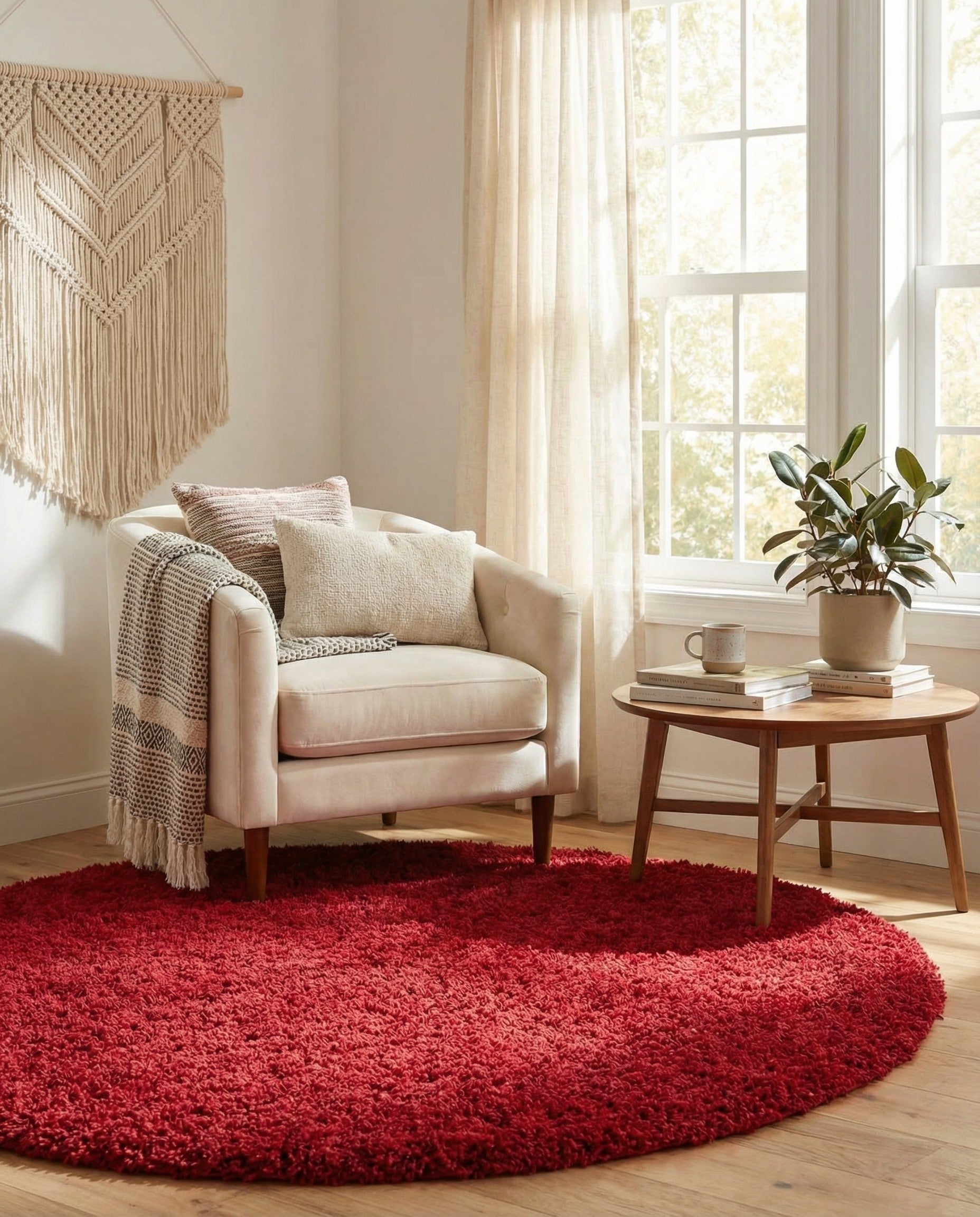A vibrant 6' round red shag rug with a plush, textured pile, perfect for adding warmth to any indoor space.
