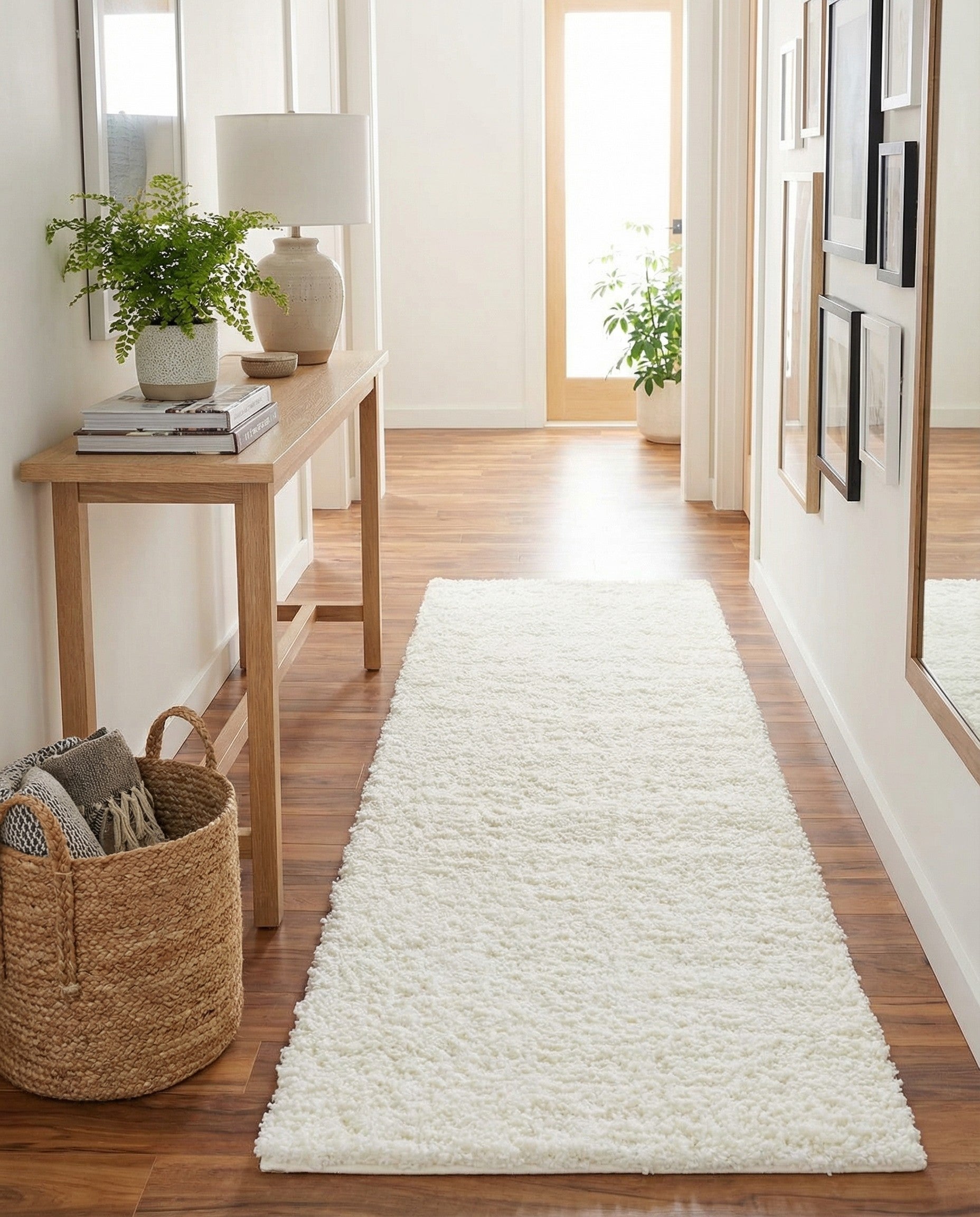 A soft, plush white shag runner rug with a textured pile, perfect for a modern hallway.