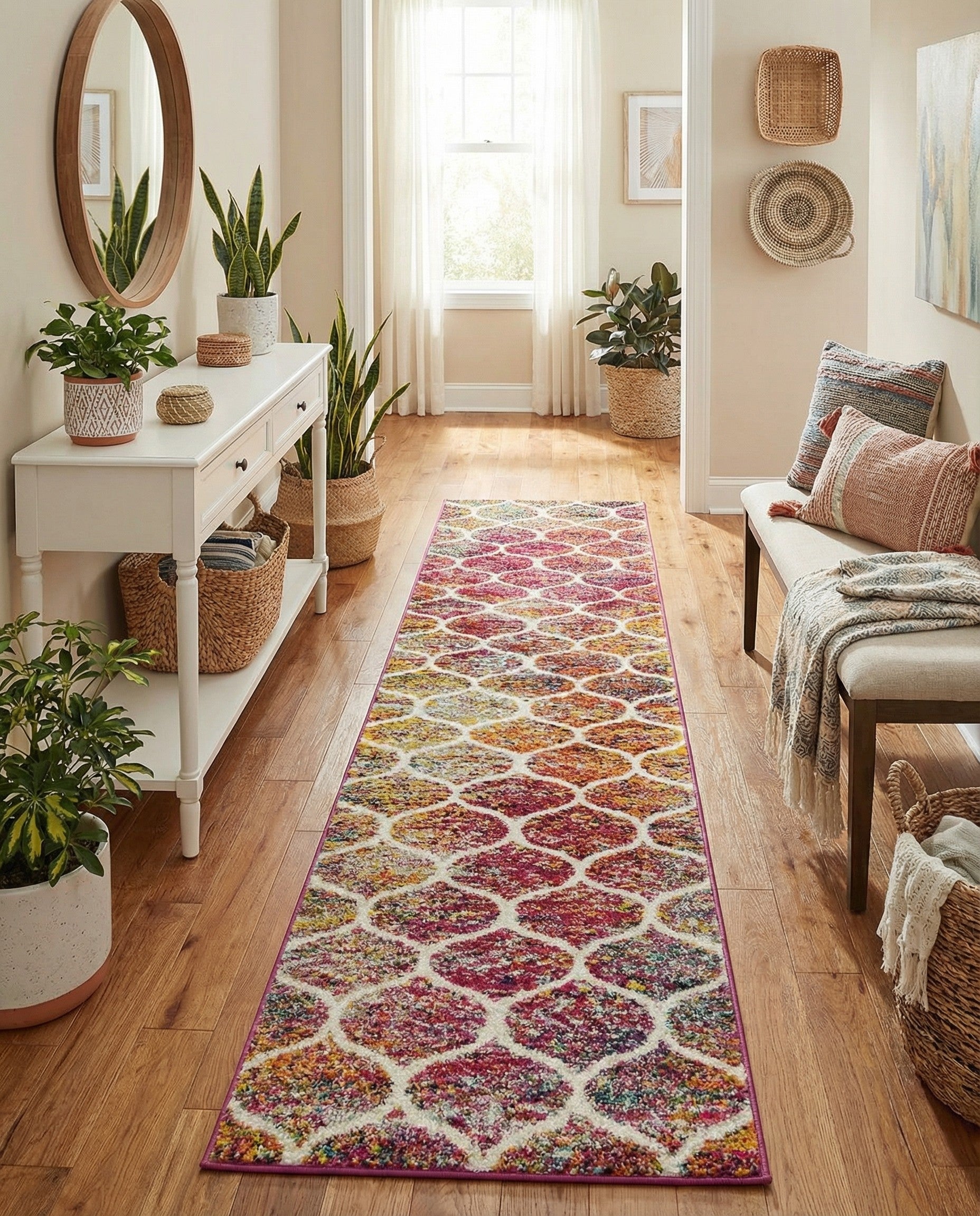 A 10 ft multi-colored runner rug with a modern trellis pattern in shades of red, orange, yellow, and blue, ideal for a hallway.
