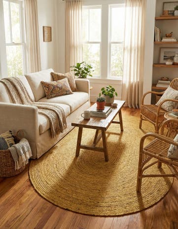 Yellow Handmade Braided Jute Oval Rug