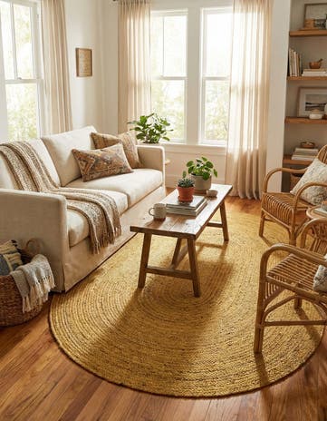 Yellow Handmade Braided Jute Oval Rug