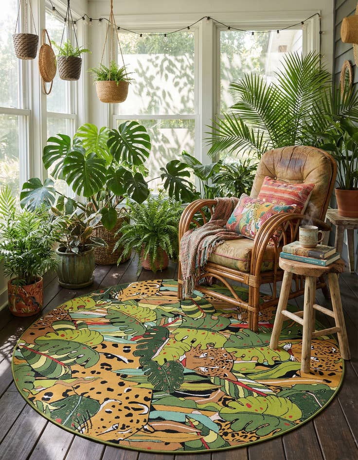 Detail image of 7' 10 x 7' 10  Washable Botanical Indoor / Outdoor Round Rug