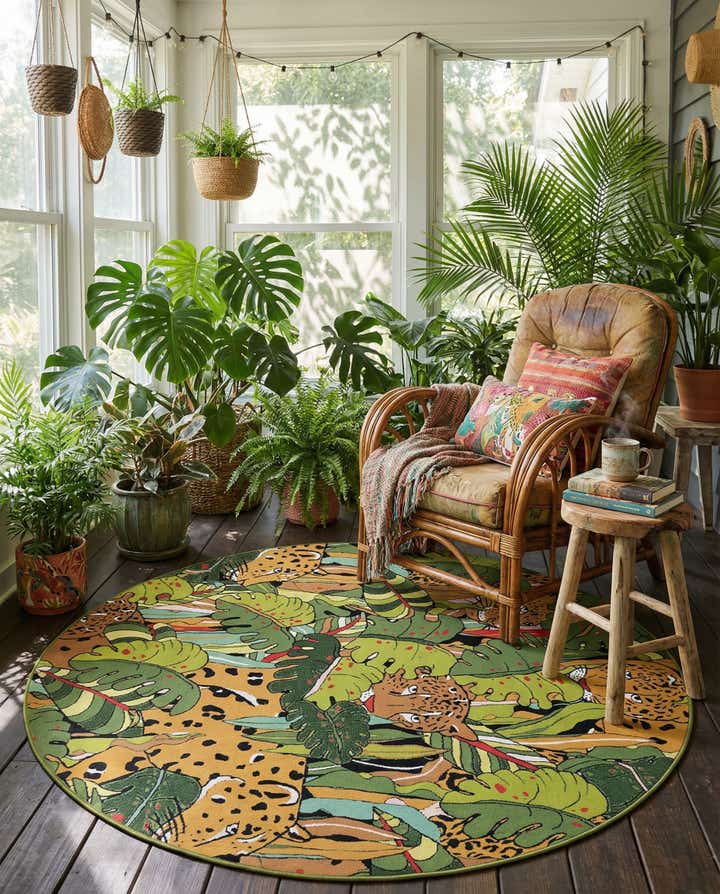7' 10 x 7' 10 Easy-Clean Botanical Indoor / Outdoor Round Rug