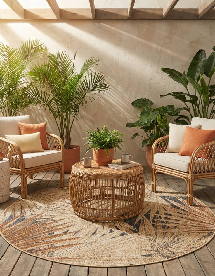 Detail image of 5' x 5' Easy-Clean Botanical Indoor / Outdoor Round Rug