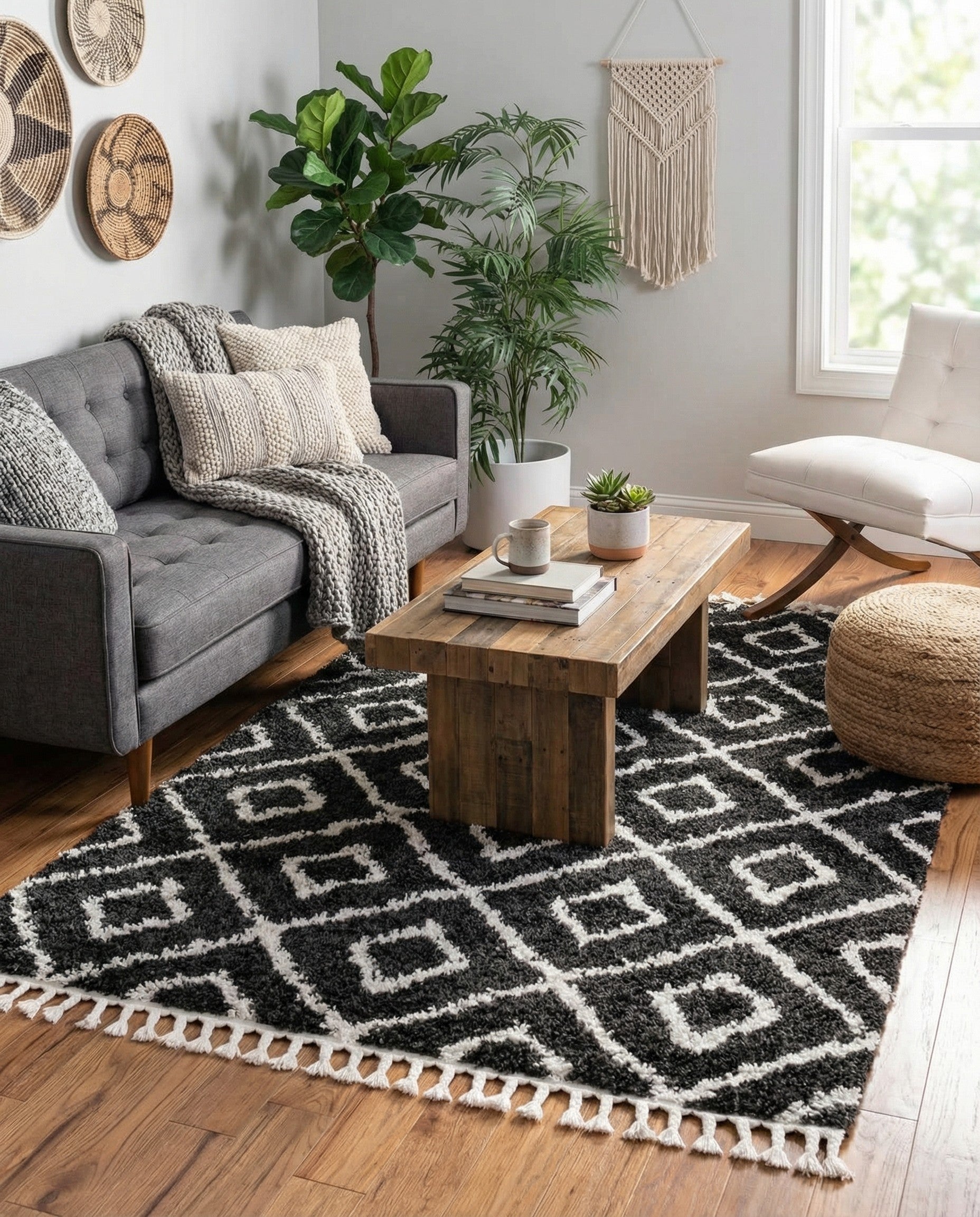 A 4x6 rectangular black and white modern shag rug with a bold geometric diamond pattern and white tassels.
