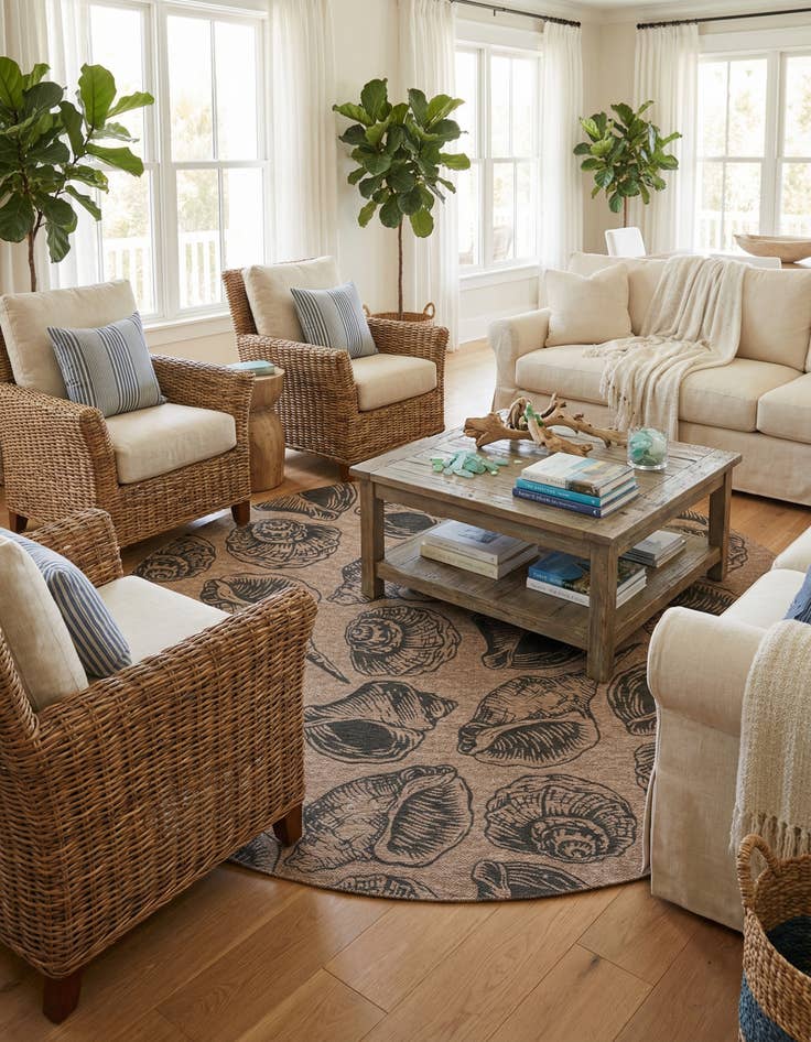 Detail image of 12' x 12'  Washable Coastal Indoor / Outdoor Round Rug
