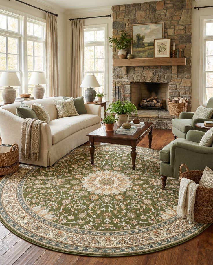 Detail image of 10' x 10' Easy-Clean Traditional Indoor / Outdoor Round Rug