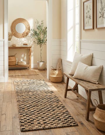2' x 6' 1 Hand Woven Checkered Jute Wool Runner Rug