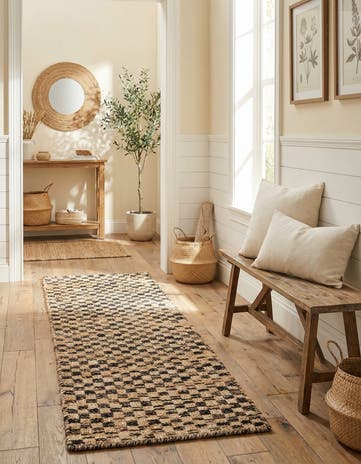 2' x 6' 1 Hand Woven Checkered Jute Wool Runner Rug
