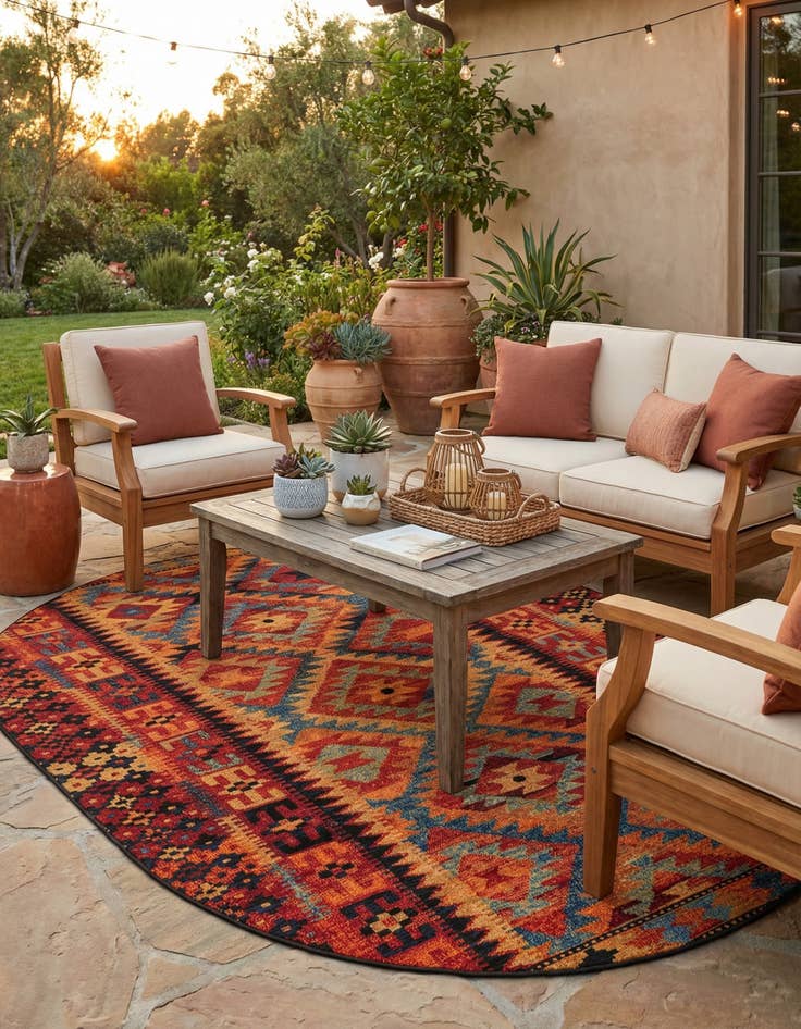 Detail image of 7' 10 x 10' Easy-Clean Tribal Indoor / Outdoor Oval Rug