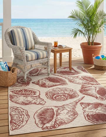 Ivory Red Easy-Clean Coastal Indoor / Outdoor Rug