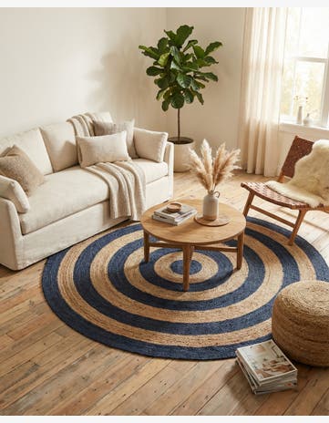 Navy Blue Natural Handmade Braided Jute Round Rug