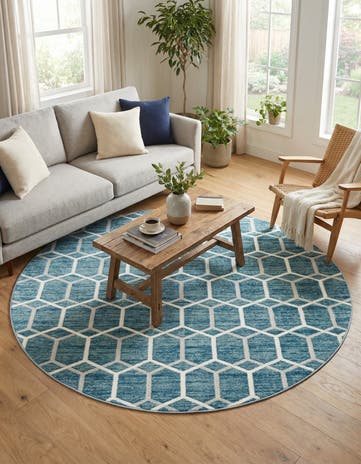 Blue Lattice Trellis Round Rug