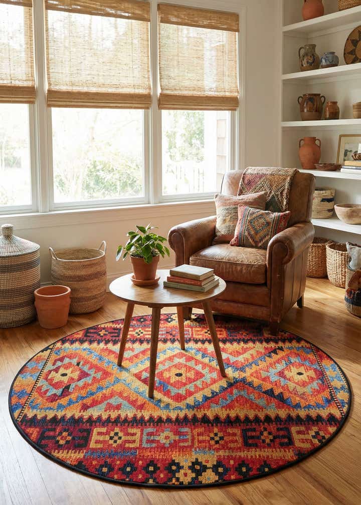 4' x 4' Easy-Clean Tribal Indoor / Outdoor Round Rug