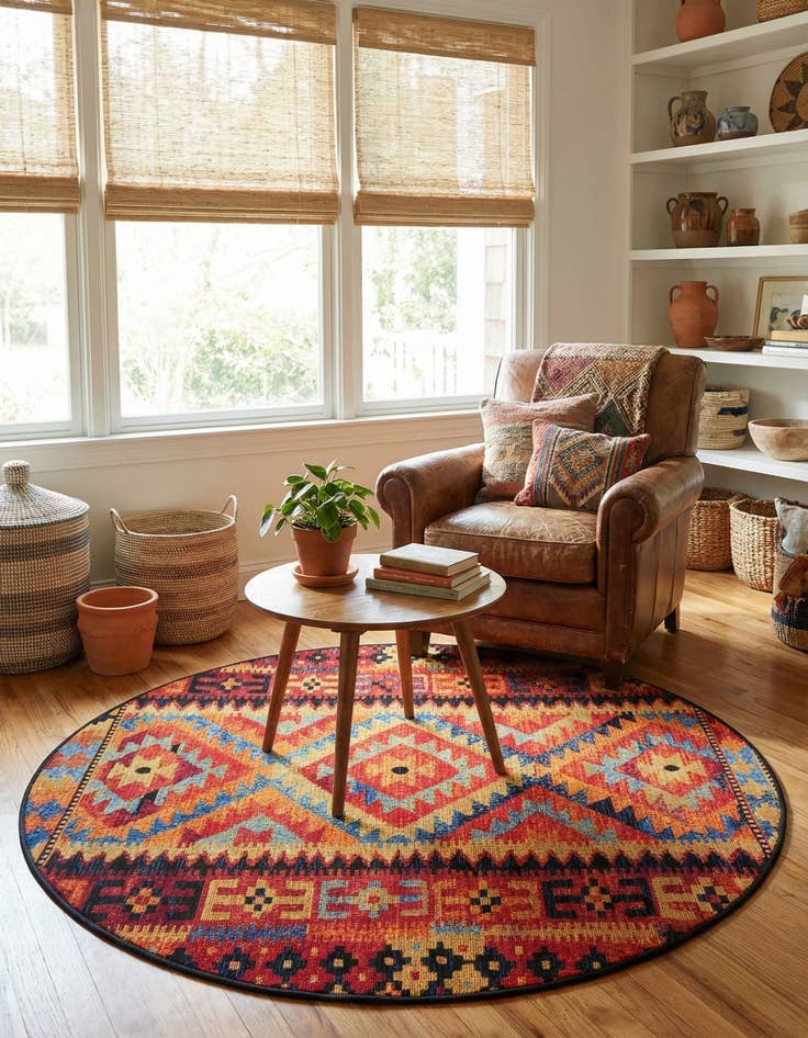Detail image of 4' x 4' Easy-Clean Tribal Indoor / Outdoor Round Rug