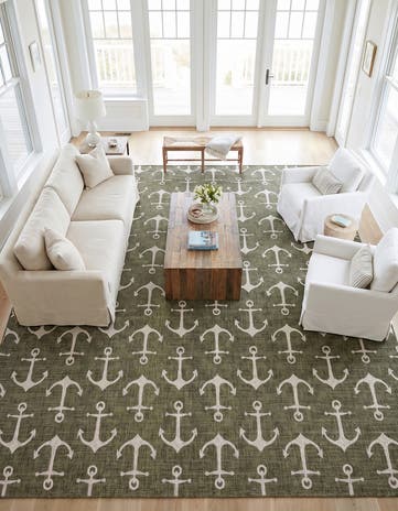 Green Easy-Clean Coastal Indoor / Outdoor Square Rug