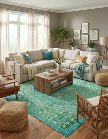 Spring Green Washable Renaissance Square Rug