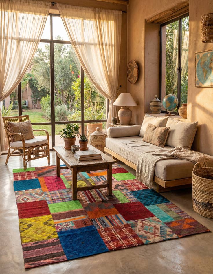 Detail image of 5' 7 x 8'  Hand Woven Kilim Patchwork Wool Rug