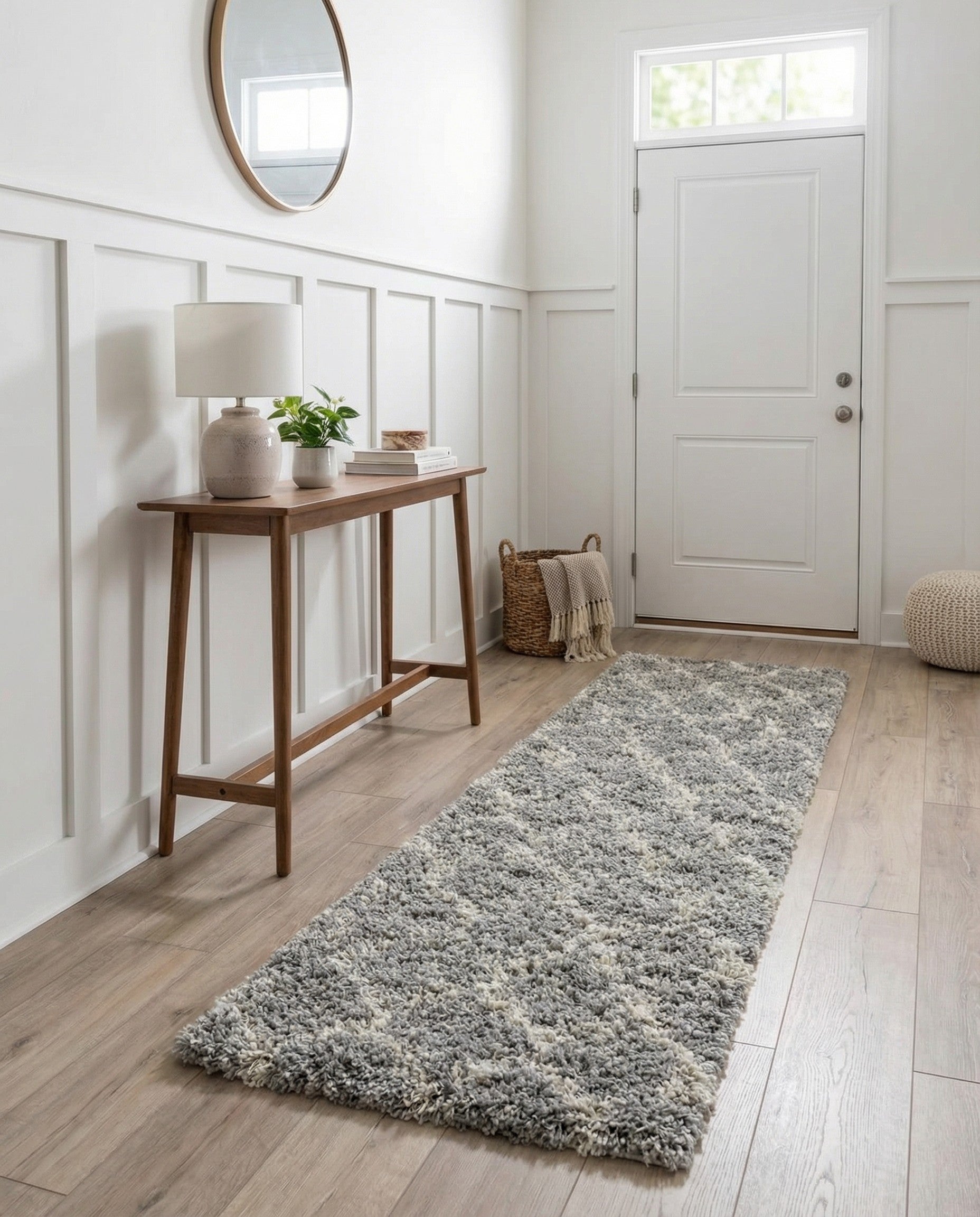 A 6 ft gray runner rug with a modern high/low textured shag pile and an abstract white lattice pattern.
