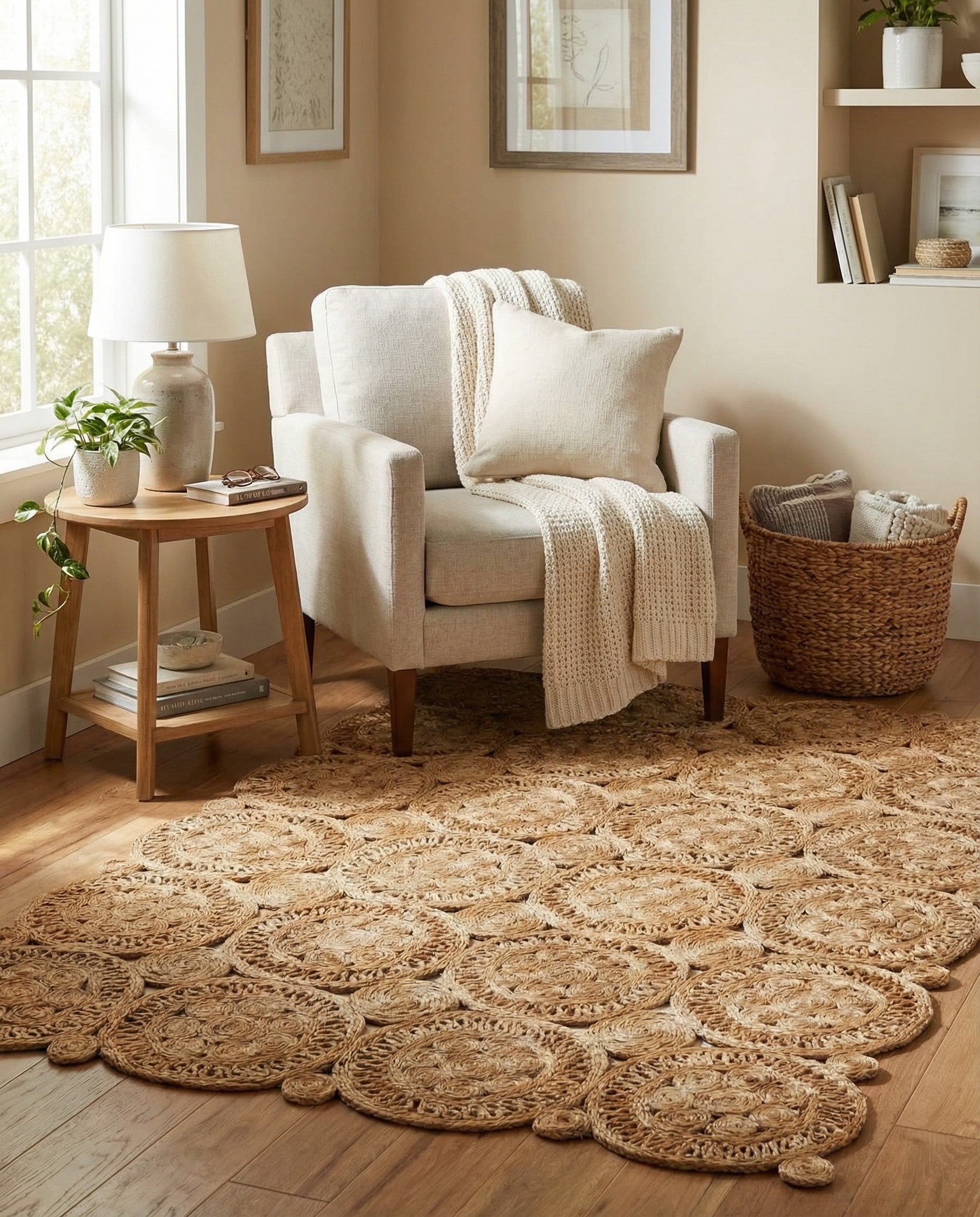 A 4x6 rectangular brown jute rug with a textured, abstract pattern of large and small braided circles, suitable for a living room.