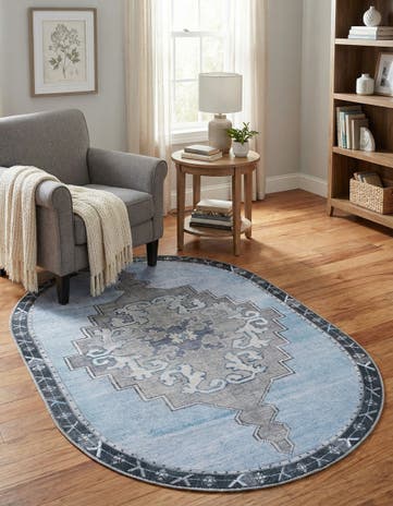 Blue Gray Washable Timeless Oval Rug