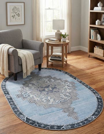 Blue Gray Washable Timeless Oval Rug