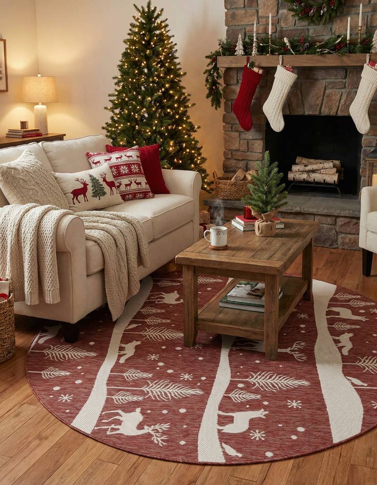 Detail image of 7' 10 x 7' 10  Washable Holiday Indoor / Outdoor Round Rug