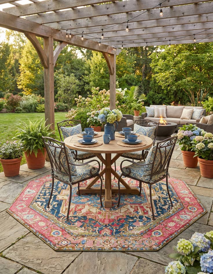 Detail image of 7' x 7'  Washable Traditional Indoor / Outdoor Octagon Rug