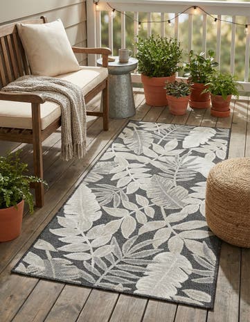 Black Easy-Clean Botanical Indoor / Outdoor Runner Rug