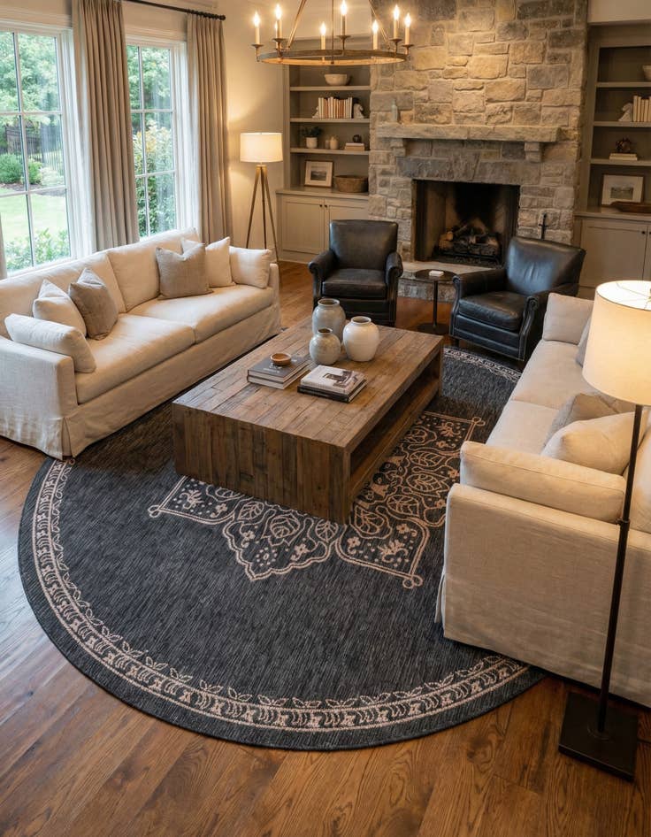 Detail image of 13' x 13'  Washable Traditional Indoor / Outdoor Round Rug