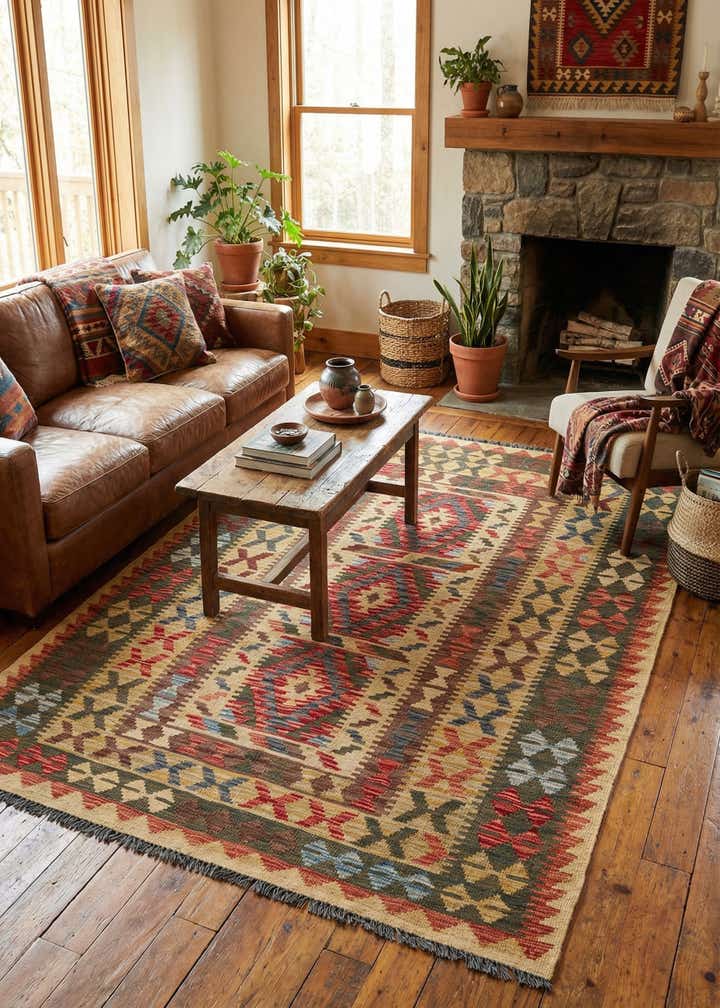 4' 6 x 6' 5 Hand Woven Kilim Maymana Wool Rug