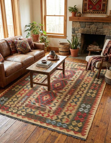 4' 6 x 6' 5 Hand Woven Kilim Maymana Wool Rug