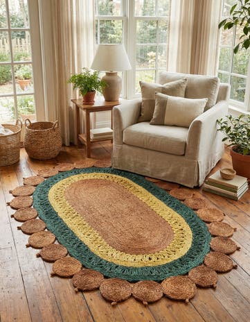 Orange Green Yellow Handmade Braided Jute Oval Rug