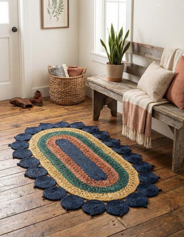 Navy Blue Yellow Green Handmade Braided Jute Oval Rug