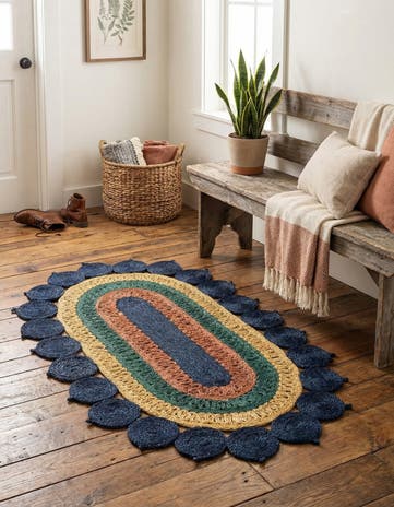 Navy Blue Yellow Green Handmade Braided Jute Oval Rug