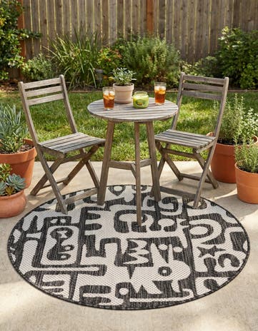 Black and White Easy-Clean Modern Indoor / Outdoor Round Rug