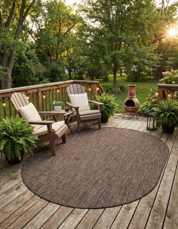 Light Brown Easy-Clean Solid Indoor / Outdoor Oval Rug